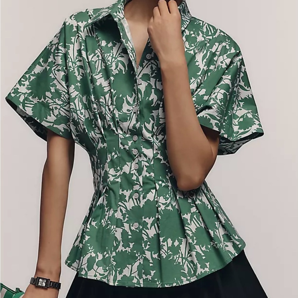 Exquise Green Floral Short Sleeve Blouse - Small